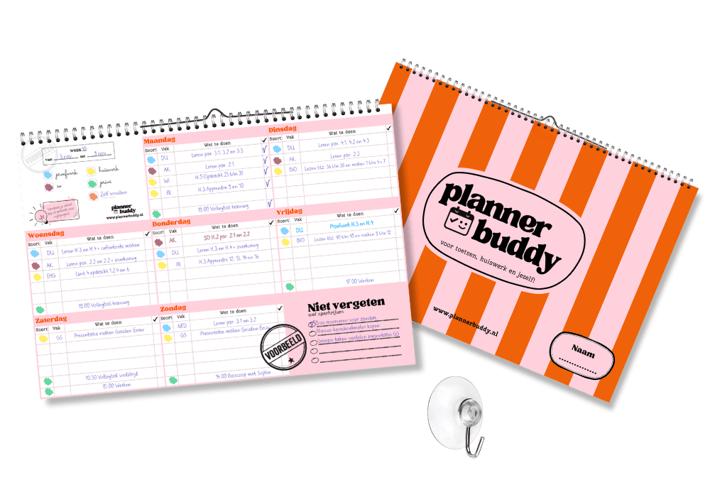 Plannerbuddy huiswerkplanner roze oranje vrolijk huiswerkplanner en studieplanner voor de middelbare school roze oranje