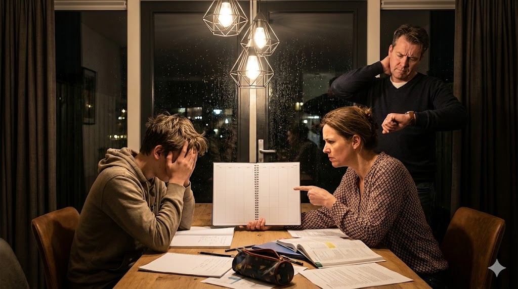 gezin verhaal planners gedoe over huiswerk en studieplanner